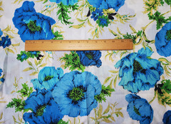 Vintage Large Blue Floral Poppy Lightweight Cotton Fabric 1+2/3 Yards