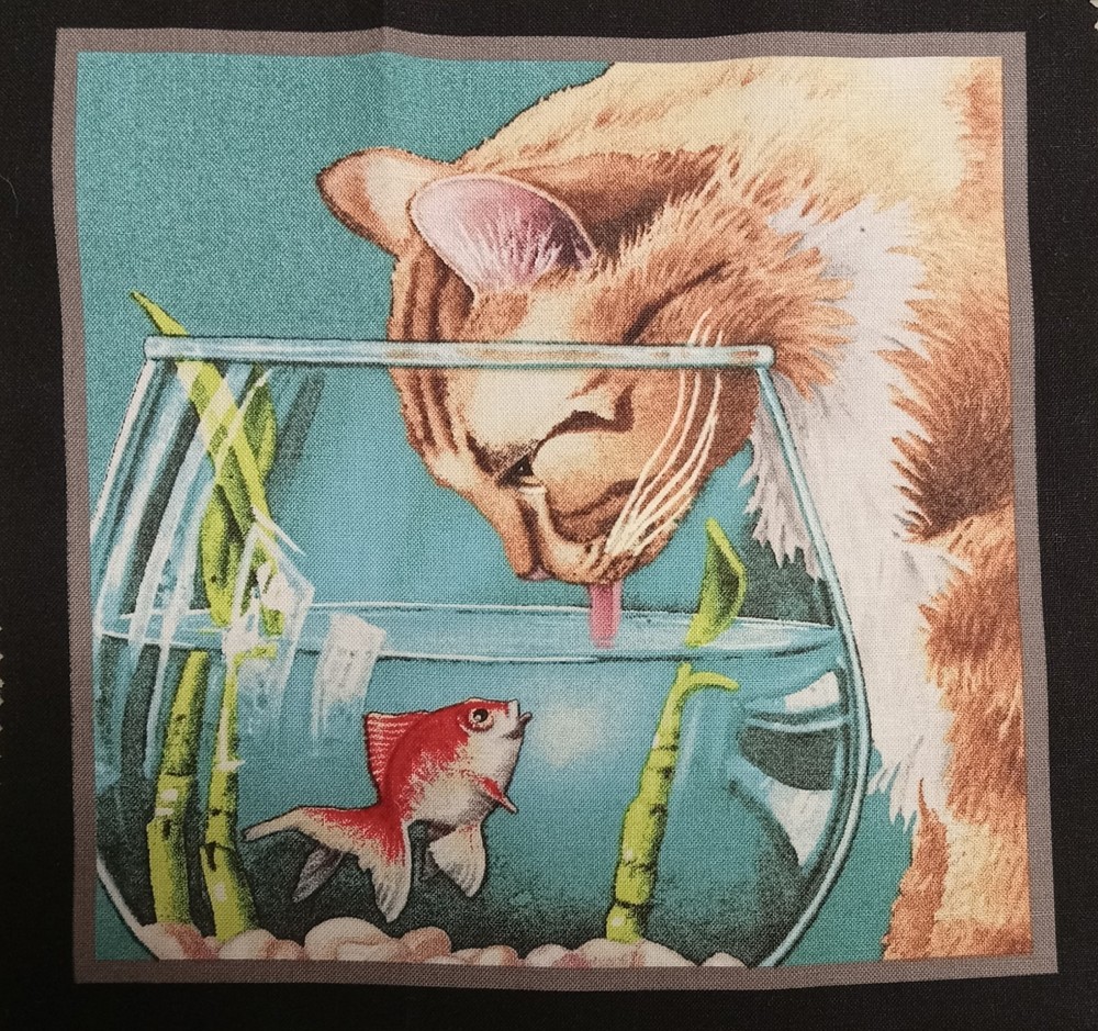 Elizabeth’s Studio~”Kitty Cat & Goldfish”~Cotton Fabric Panel ~ 6.75″x6.75″