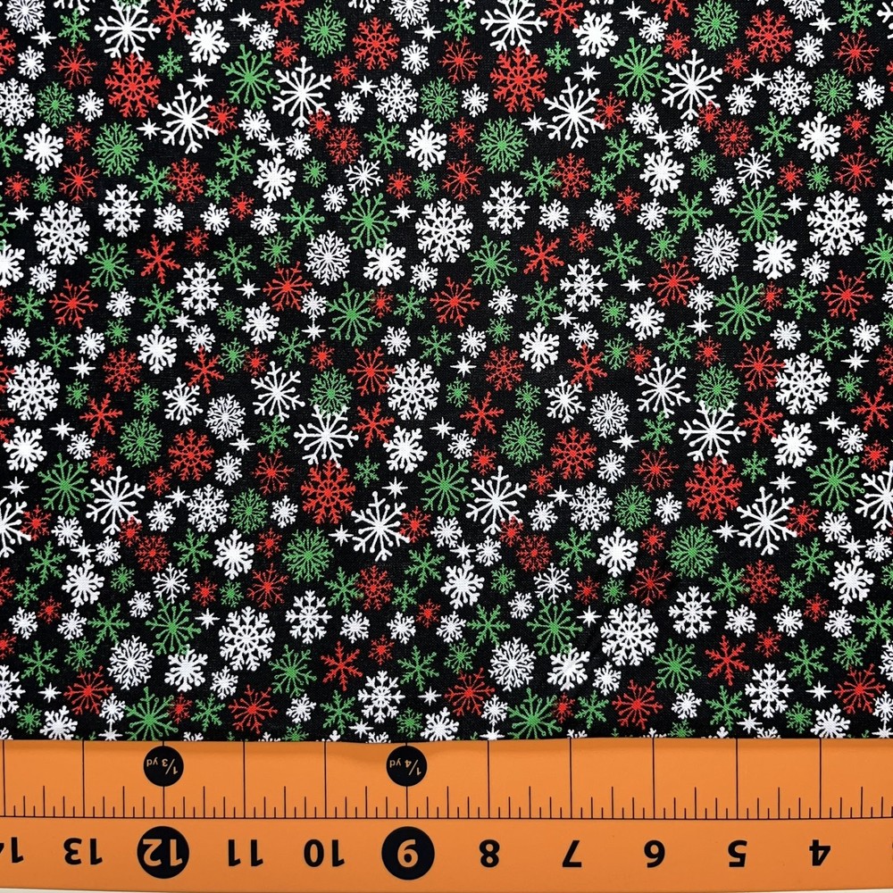 Christmas Fabric | Hi-Fashion Red Green White Snowflake Toss Black | YARD