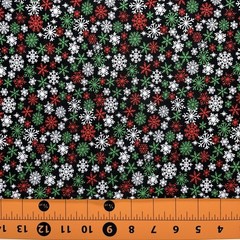Christmas Fabric | Hi-Fashion Red Green White Snowflake Toss Black | YARD