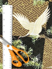 Japanese fabric cranes birds art deco black brown gold heron stork asian chinese