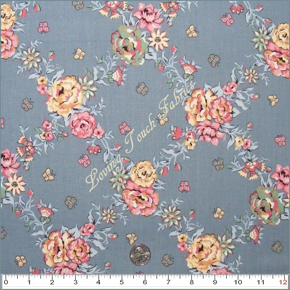 RARE FABRIC COUNTRY VICTORIAN ROSE MIXED FLORAL BUTTERFLY FABRIC 1/2 YD 18″X 45″