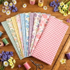 10 PCS Floral Gingham Quilting Fabric Bundles 20×20 Inch Fat Quarters Pastel