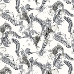 Japanese-Cosmo Stylized Koi, Mt. Fuji & Grt Wave – SP3700-2A-White-By Half Yard