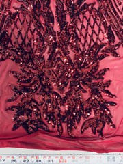 Francesca BURGUNDY Vines and Diamonds Pattern Sequins on Mesh Lace Fabric by th