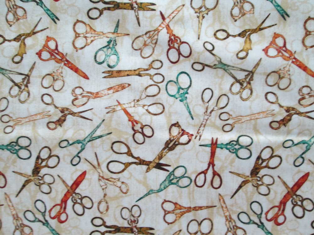 SCISSORS SEWING ITEMS HAIR SCISSOR VARIETY COLORS TAN INLAY COTTON FABRIC FQ