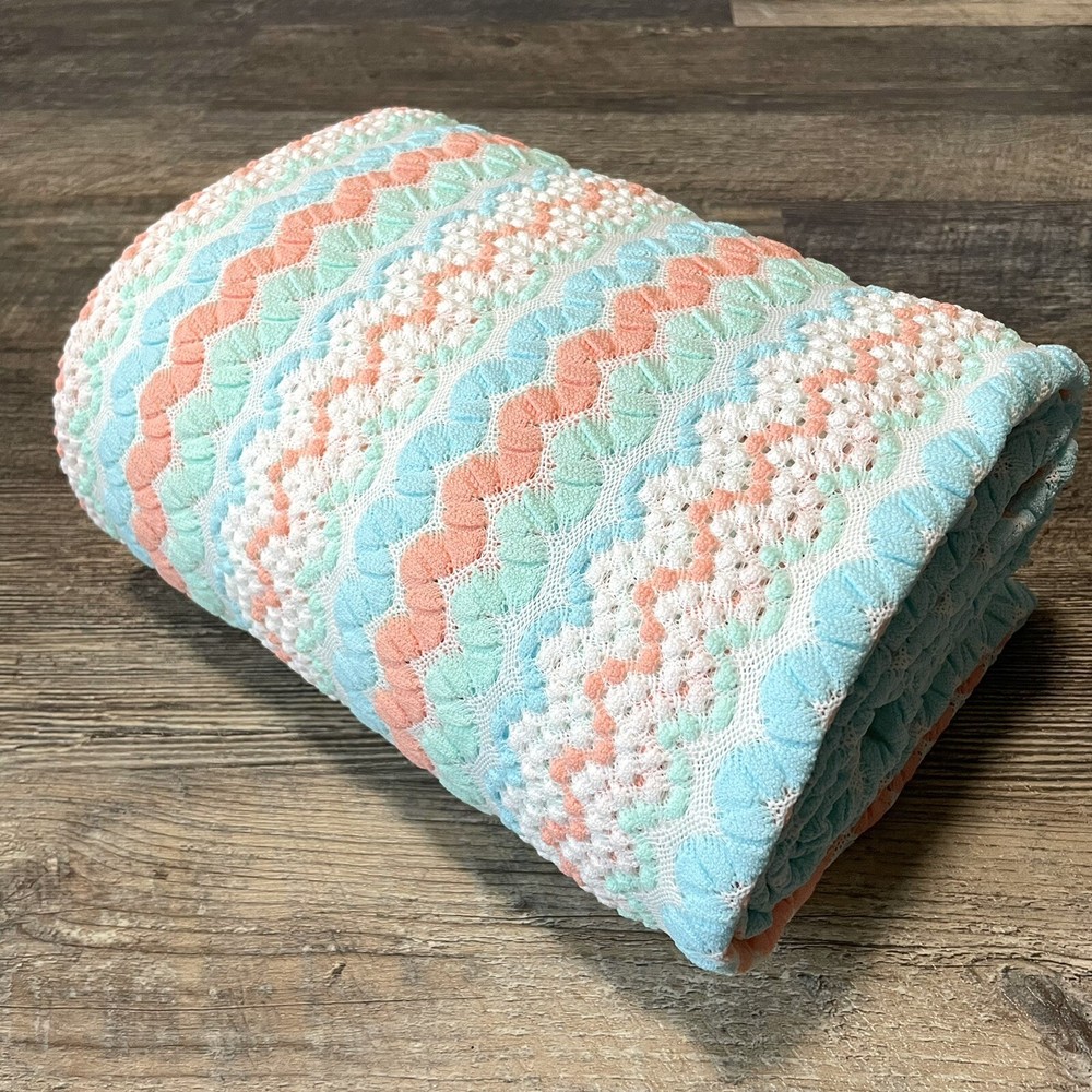 Vintage Pastel Mint Peach Blue Wavy Stripes Knit Fabric 96″ x 60″