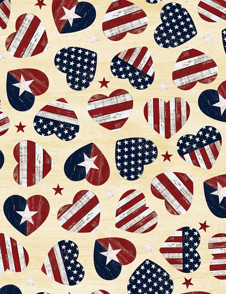 Patriotic Fabric – USA Star & Stripe Heart Toss Cream – Timeless Treasures YARD