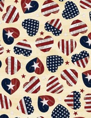Patriotic Fabric – USA Star & Stripe Heart Toss Cream – Timeless Treasures YARD
