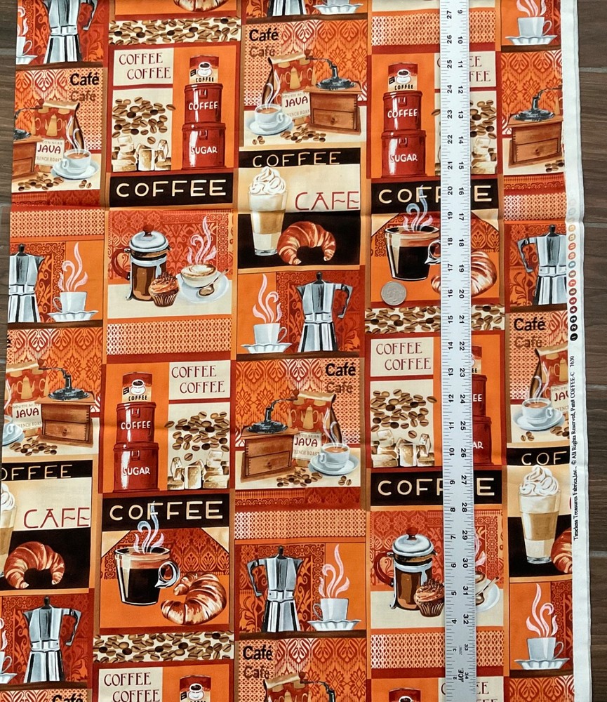 Coffee Java Cafe Cotton Fabric 1 Yard Brown Terracotta Coffee croissant Lovers