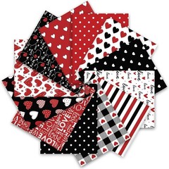 12Pcs Red Black Love Heart Cotton Fabric Bundles 10 x 10 Inch Red Black Love