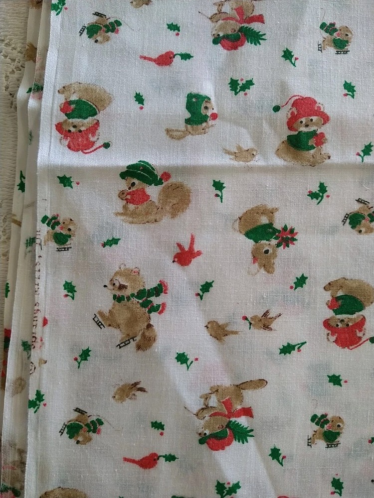 VTG Holiday Current Critters FABRIC Springs Mills BTFQ 18×23″ Cute Bunny Raccoon