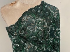 1 Yard Green Silver Rhinestone Sequins Embroidered Lace Fabric 50” Width