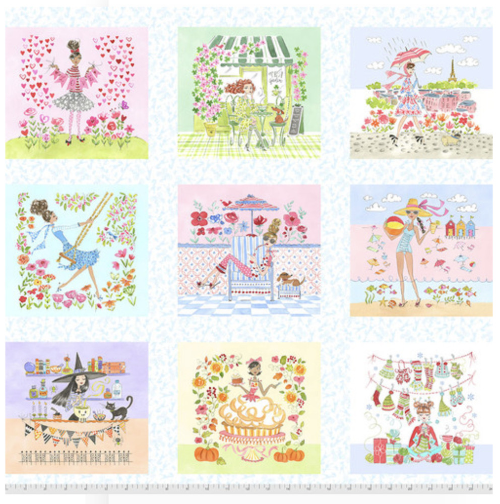 Anne Keenan Higgins Calendar Girls All Year Cotton Fabric by The Panel