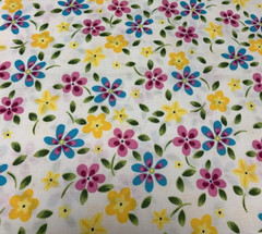 OOP Floral Fabric Pink Yellow Green Fuchsia Turquoise Blue On White Cotton 1+Yds