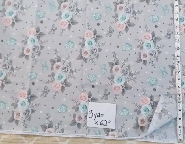 Gray Floral Fabric Cotton 1 pc 3 Yds x 62″ Craft Home