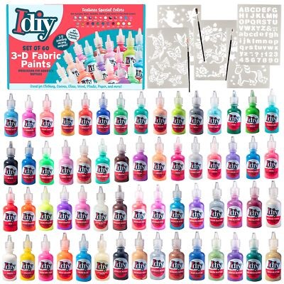 60 Vibrant Fabric Paints Set with Brushes and Stencils