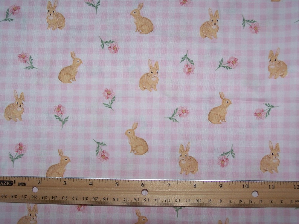 9″x21″Bunnies & Flowers Gingham Cotton Calico Fabric