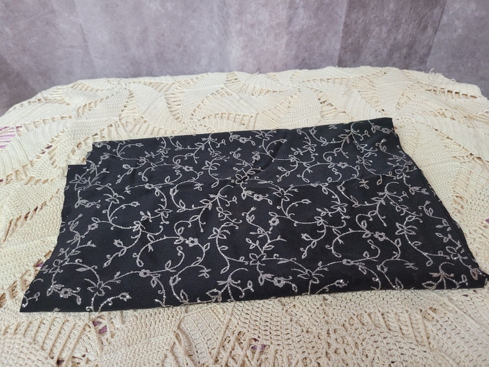 Black Silver Metallic Scroll Vine Fabric Remnant 13×54 Formal Sewing Craft