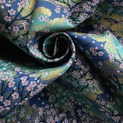 Japanese Floral in Teal & Navy Blue on Cotton Shirting w/ Metallic Gold
