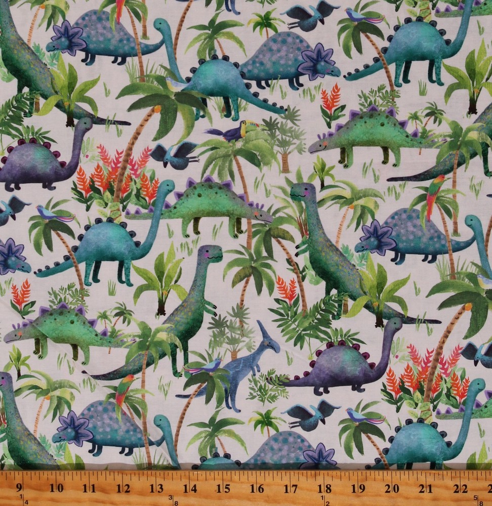 Cotton Dinosaurs Dinos Extinct Animals Cream Fabric Print by Yard D695.59