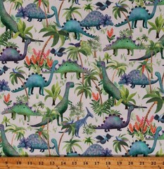 Cotton Dinosaurs Dinos Extinct Animals Cream Fabric Print by Yard D695.59