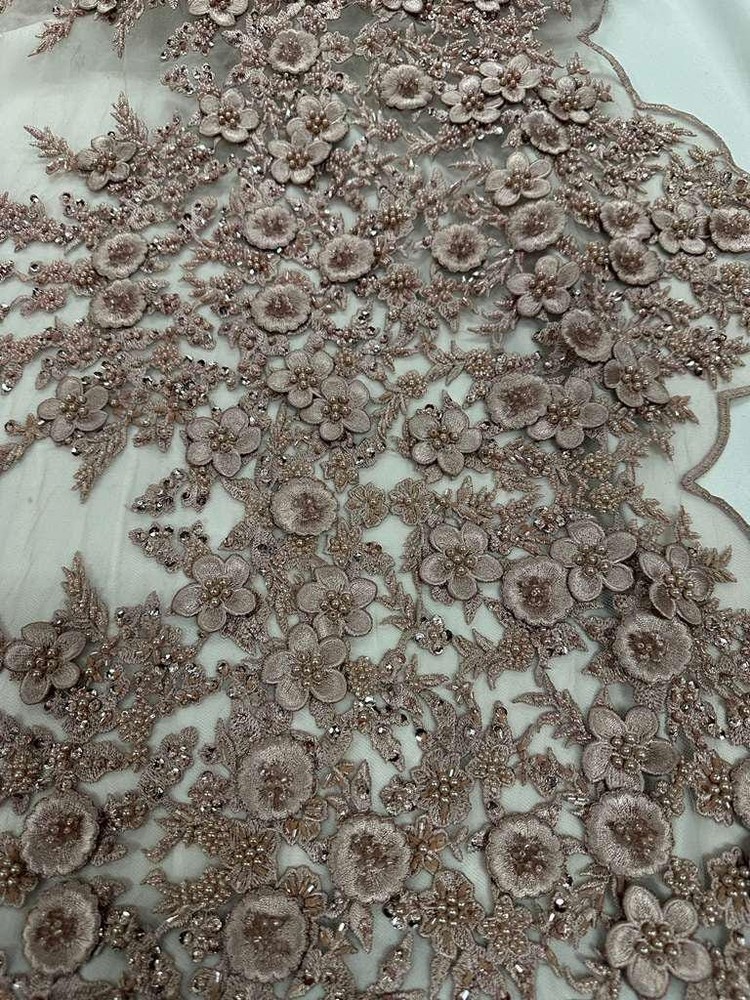3D Floral Lace Fabric Light Mauve Beaded Embroidered Bridal Wedding Lace