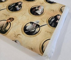 THE HOBBIT Characters in Circles Tan Digitally Printed Cotton By the HALF Yard