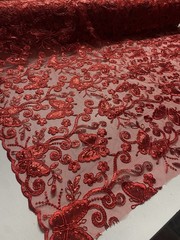 Red Butterfly Sequin Lace Fabric – 3D Embroidered Floral Mesh Couture Beaded