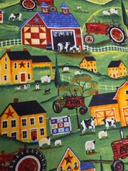 Farmland, Green, Cheryl Bartley Print, Cotton, 4 YARDS, Tractors, Barns, Cows,