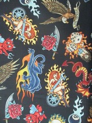 TATTOO SKULL INK ROSE HARLEY BLUE MOTORCYCLE BLACK DIGITAL COTTON FABRIC FQ