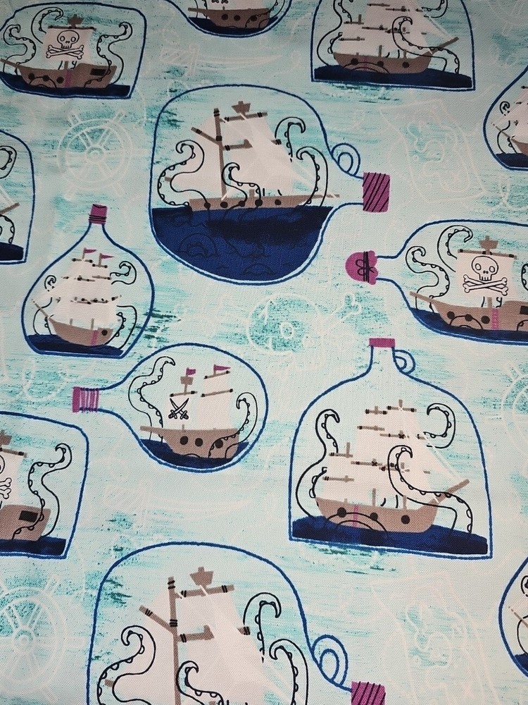 100% Cotton Kraken Ship In A Bottle Pirate Ocean Julia Green Blue Fabric FQ