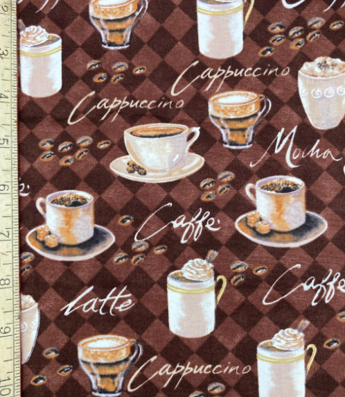 Coffee Cups Cotton Fabric Brown Cafe Latte Mocha Novelty Yardage