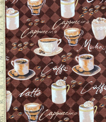 Coffee Cups Cotton Fabric Brown Cafe Latte Mocha Novelty Yardage