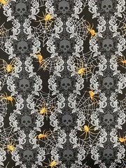Skulls and spiders fabric, Halloween cotton, web gothic black grey horror