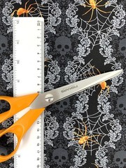Skulls and spiders fabric, Halloween cotton, web gothic black grey horror