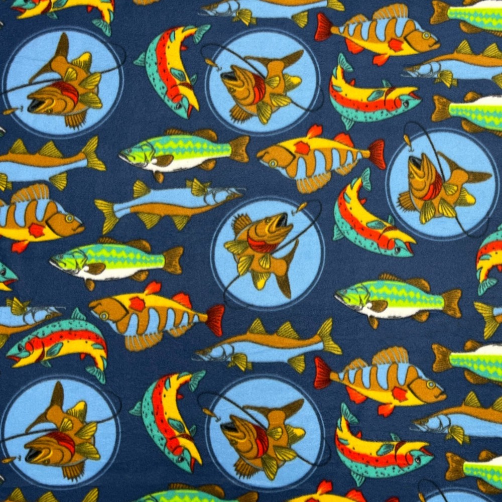 Fish Tales Navy Print Fleece Fabric – 60″ Wide – Sold by The Yard & Bolt