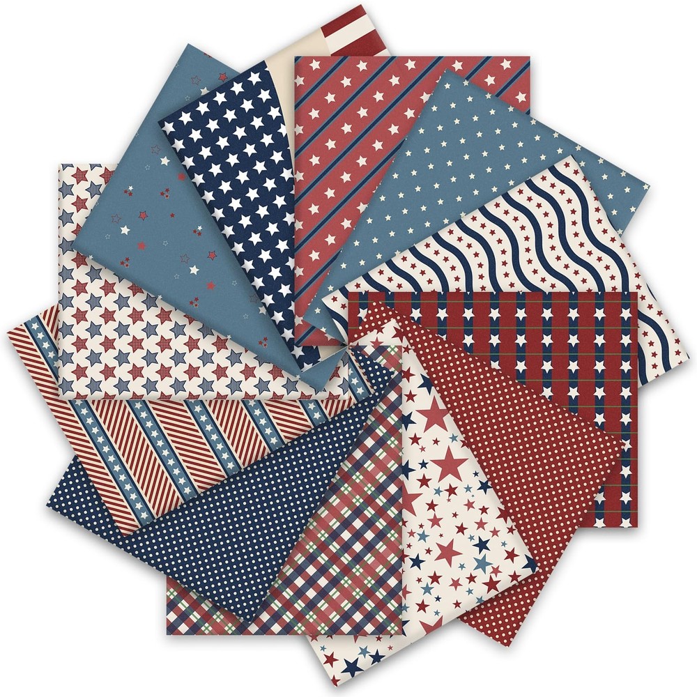12 Pcs Patriotic Cotton Fabric Bundles Vintage Plaid Stripe Star Fat Quarters