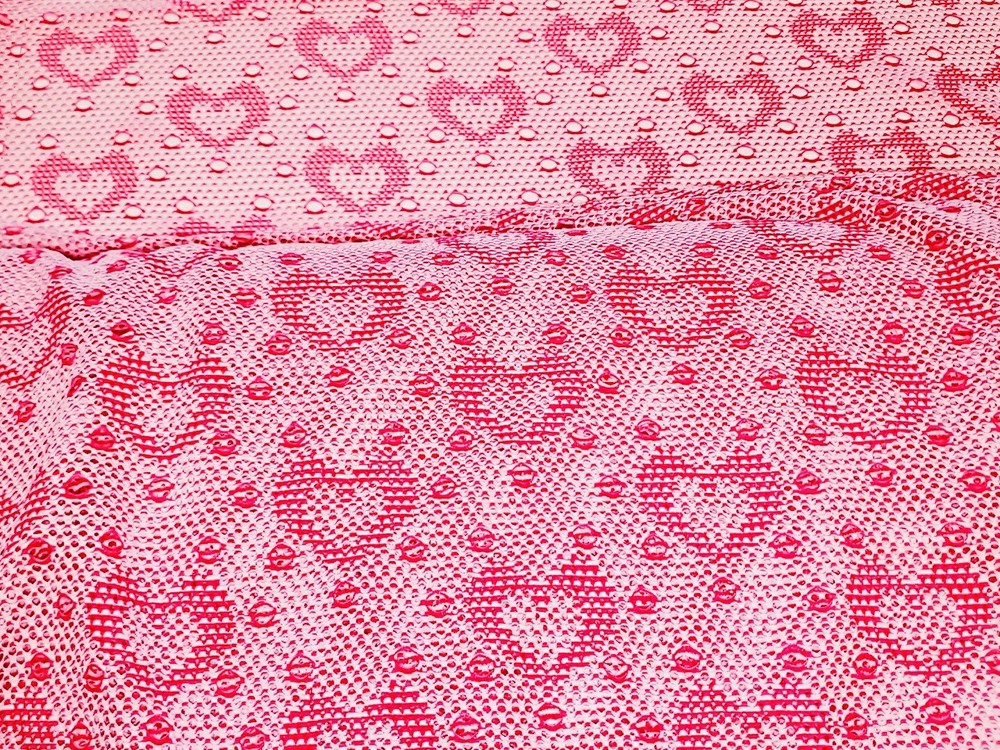 Hearts and Dots Knit Mesh Fabric Apparel Soft Polyester Pink By The Yard