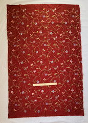 Floral Embroidered Dark Red Fabric 57×36 Remnant Stylized Flowers Lightweight