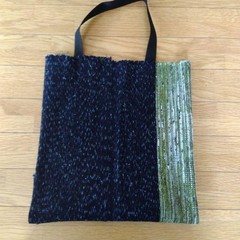 Fabric Handwoven Tote Bag Recycled Strips 85cm x 45cm Blue Grey Accents