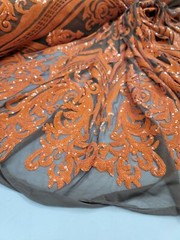 Orange Sequin Embroidered Lace Brown Stretch Mesh Fabric by the Yard For Dress