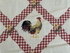Embroidered Roosters Red & White Gingham Lattice on Ivory Upholstery Fabric 1 yd