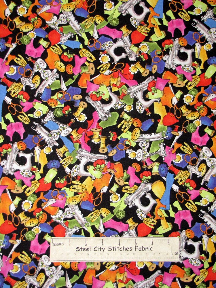 Loralie Sew Fabulous Notions Button Toss Cotton Fabric Kaleidasew Black YARD