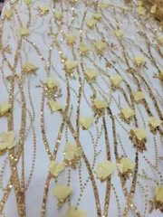 “Embroidered Fabric with 3D Flowers and Gold Lace – Sold by the Yard with Sequin