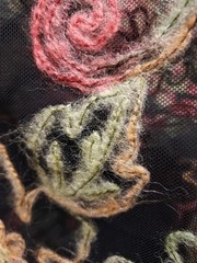 Embroidered Black Netting Fabric With Multicolored Wool Thread