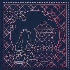 Patchwork Sewing Fabric Sashiko Teatime Navy Printed Panel 50x137cm
