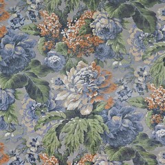 Josephine Slate-blue green brown grey floral printed on velvet Regal fabric