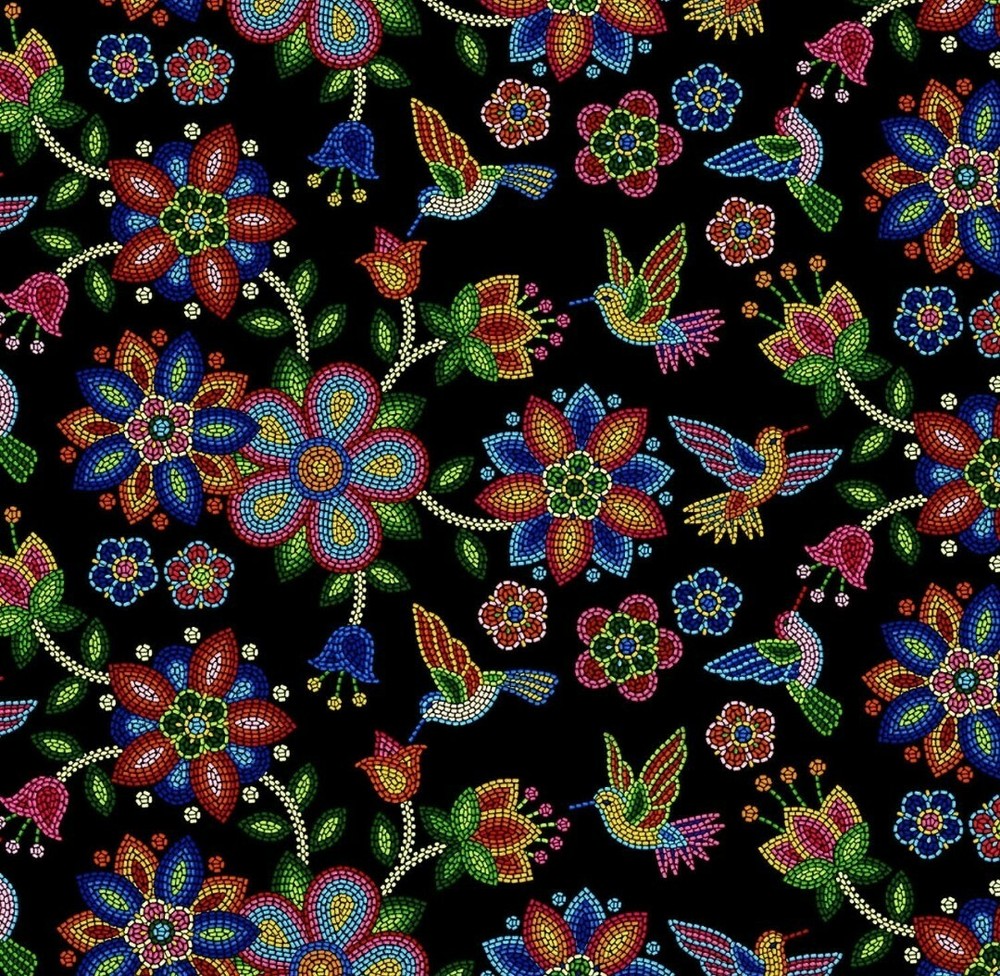 Elizabeth Studio Tucson Black Hummingbird Flower Quilt Fabric by the Yard
