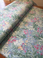 Vtg 7Yards Fabric Birds, Ferns, Flowers Pale Blue Pink Yellow Green 42” Cotton